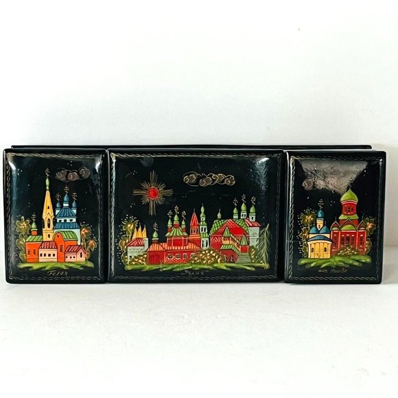 Russian Black Lacquer Box 3 compartments Artist Signed Handpainted 7.25" L - Picture 1 of 11